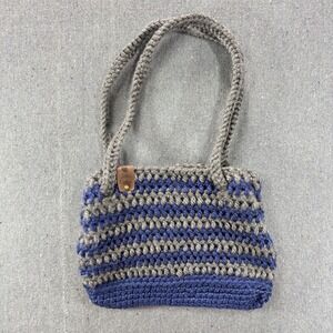 Kelly's Cottagecore Crochet Small Shoulder Bag Grey Blue Striped Tote Handbag